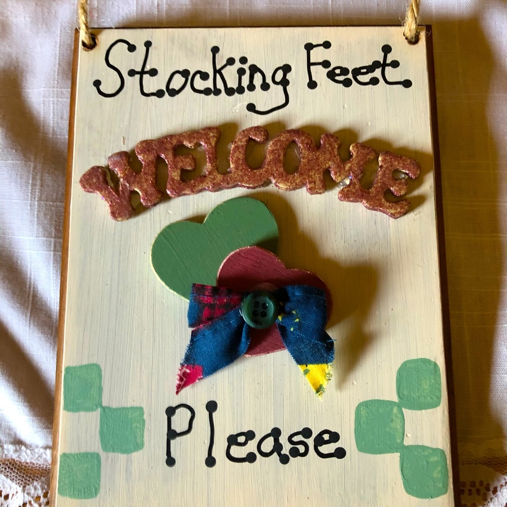 Wood Plaque Wall Art “Stocking Feet Please” 👣